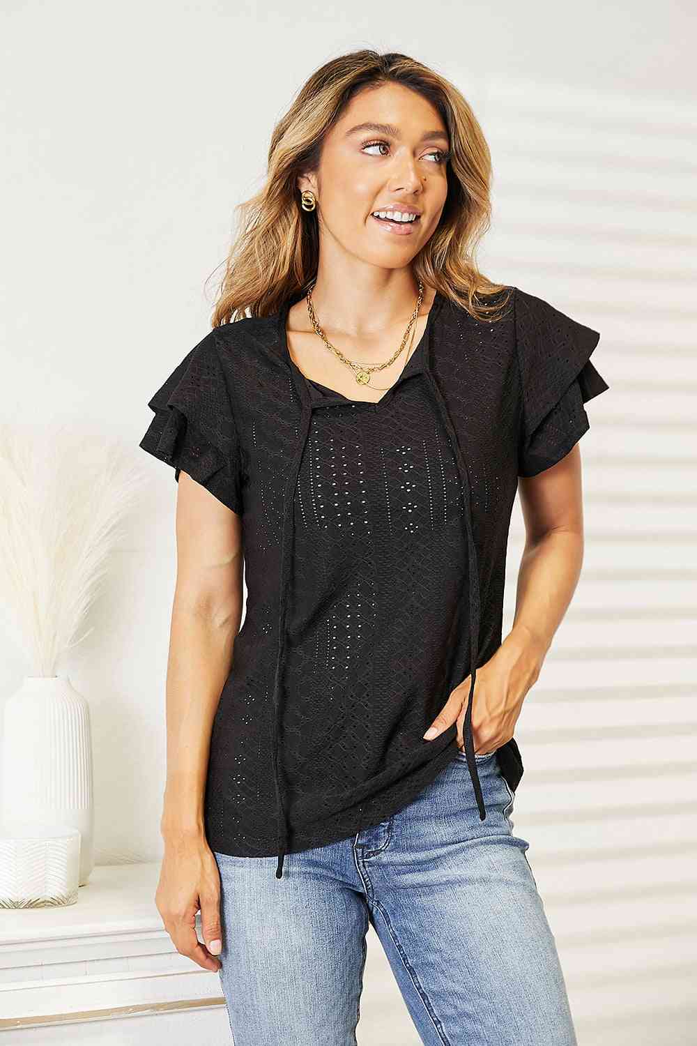 Dark Slate Gray Double Take Eyelet Tie-Neck Flutter Sleeve Blouse