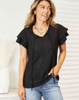 Dark Slate Gray Double Take Eyelet Tie-Neck Flutter Sleeve Blouse