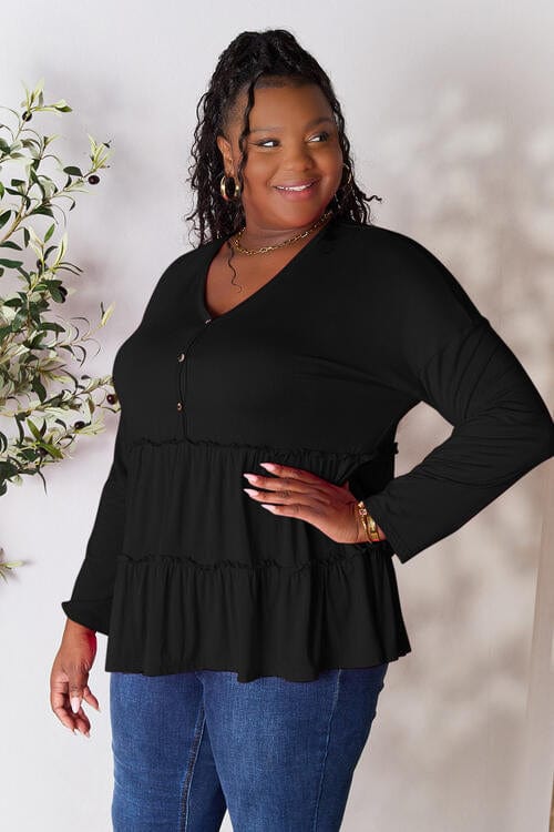 Black Double Take Half Button Long Sleeve Ruffle Hem Blouse