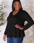 Black Double Take Half Button Long Sleeve Ruffle Hem Blouse