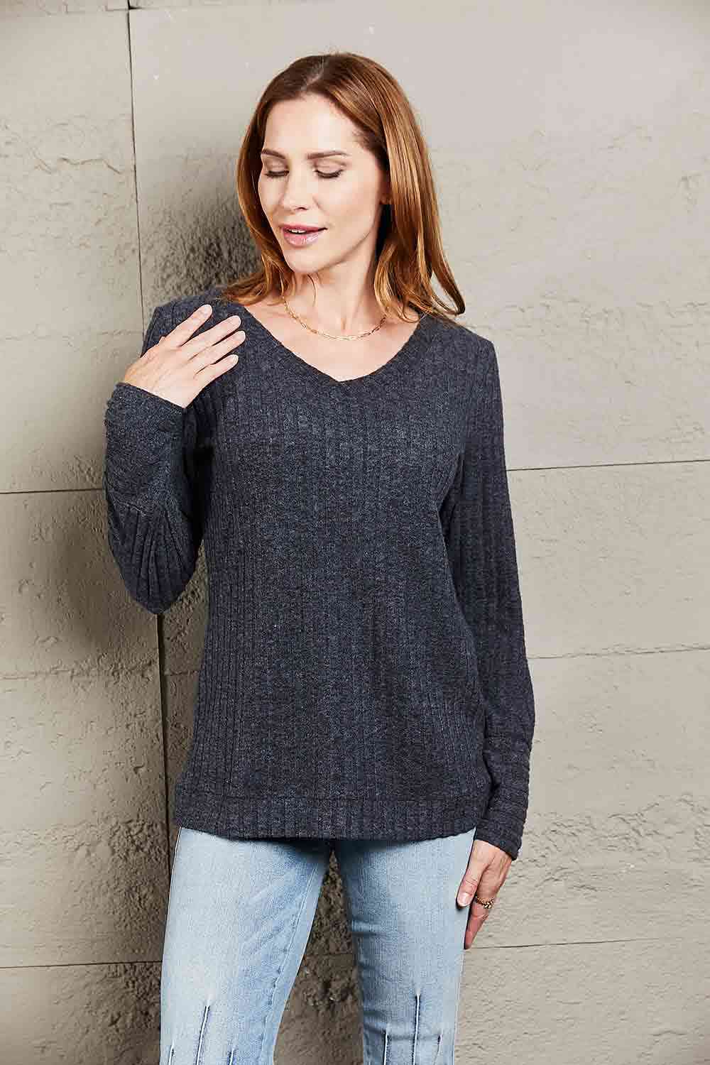 Gray Double Take V-Neck Long Sleeve Ribbed Top