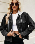 Black Drawstring Hooded Button Up Denim Jacket