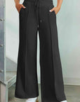 Dark Gray Drawstring Wide Leg Pants with Pockets