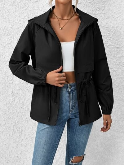 Black Drawstring Zip Up Hooded Jacket