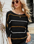 Gray Eyelet Striped Round Neck Knit Top