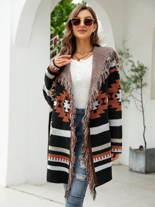 Light Gray Fringe Geometric Hooded Long Sleeve Cardigan