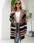 Light Gray Fringe Geometric Hooded Long Sleeve Cardigan