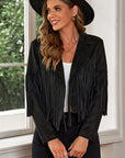 Gray Fringe Trim Lapel Collar Cropped Blazer