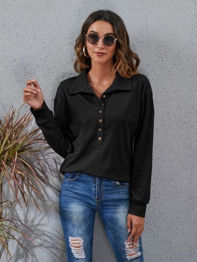 Light Slate Gray Half Button Dropped Shoulder Blouse