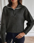 Gray Half Zip Dropped Shoulder Sweater