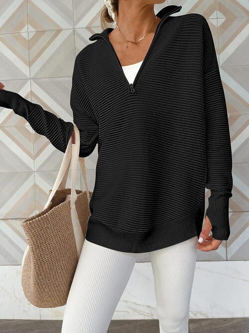 Gray Half Zip Long Sleeve Knit Top