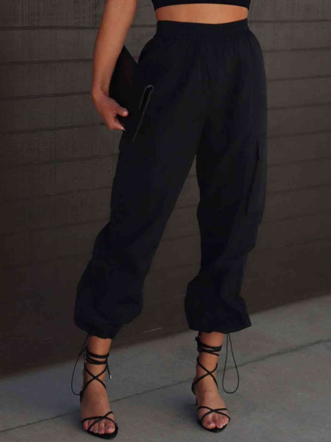 Dark Slate Gray High Waist Drawstring Pants with Pockets