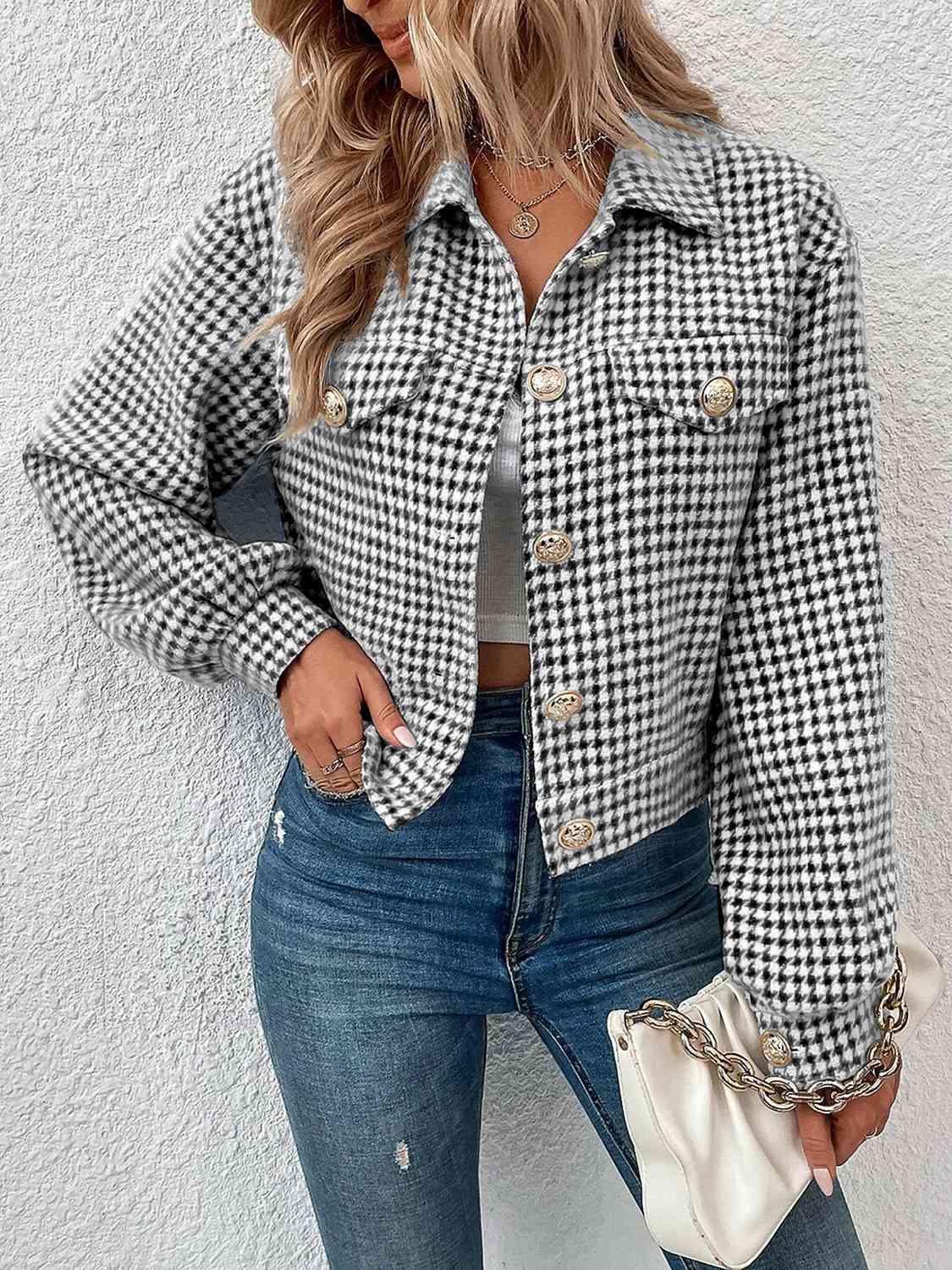 Gray Houndstooth Collared Neck Button Up Jacket