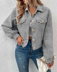 Gray Houndstooth Collared Neck Button Up Jacket