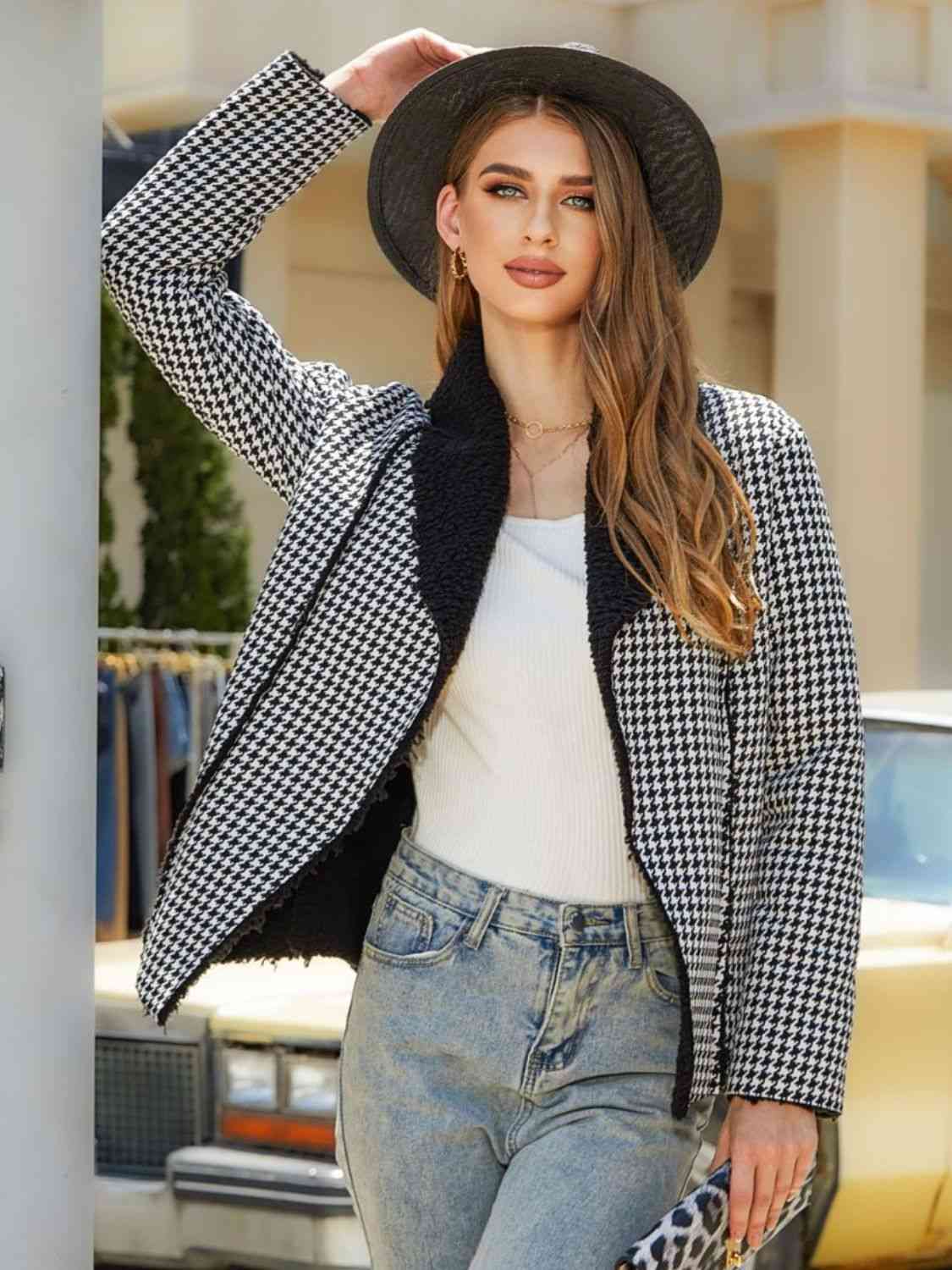 Dark Gray Houndstooth Open Front Long Sleeve Jacket