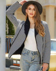 Dark Gray Houndstooth Open Front Long Sleeve Jacket