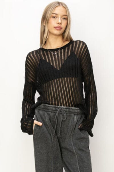 Beige HYFVE Openwork Ribbed Long Sleeve Knit Top