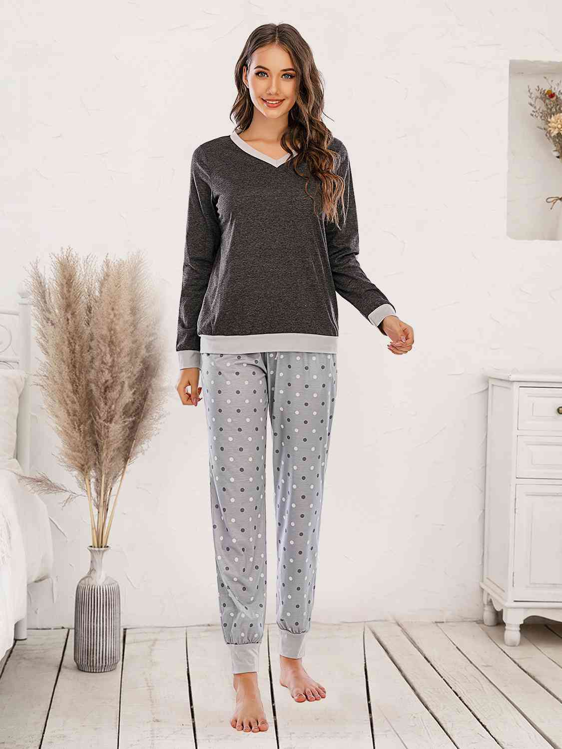 Light Gray Long Sleeve Top and Polka Dot Pants Set