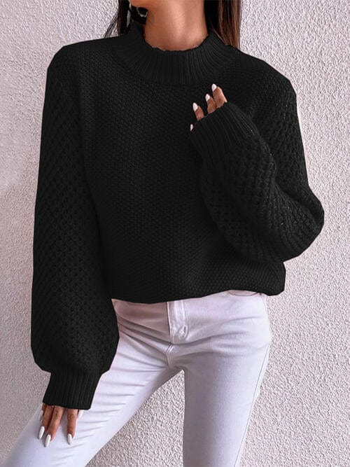 Black Openwork Mock Neck Long Sleeve Sweater