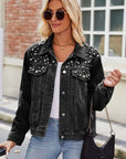 Dark Gray Pearl Detail Collared Neck Long Sleeve Denim Jacket