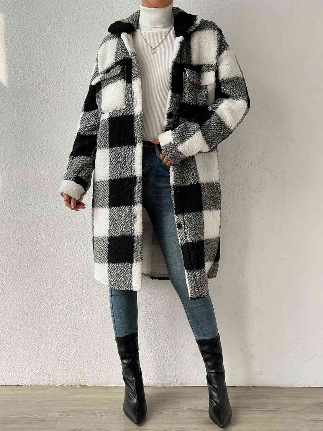 Gray Plaid Collared Neck Button Down Coat