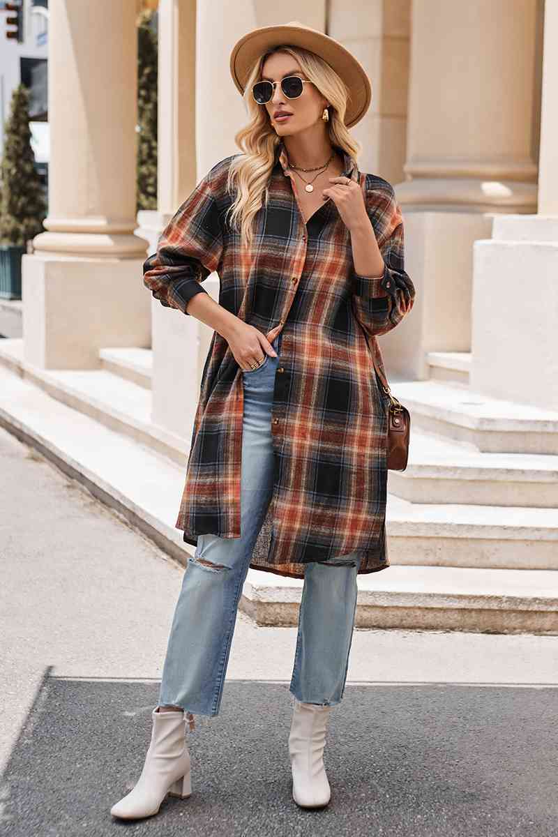 Gray Plaid Collared Neck Long Sleeve Coat