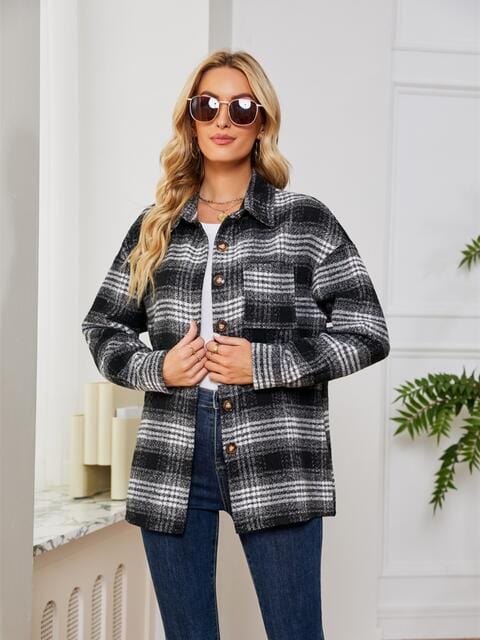 Gray Plaid Collared Shirt Jacket