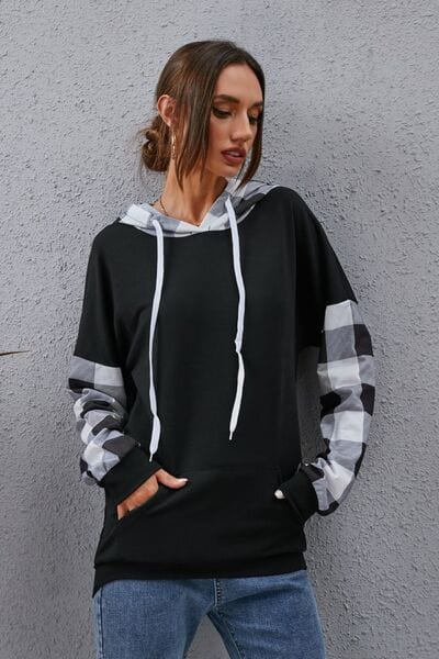 Light Slate Gray Plaid Drawstring Dropped Shoulder Hoodie