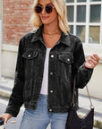 Dark Slate Gray Pocketed Collared Neck Denim Jacket