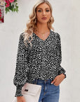 Dark Slate Gray Printed V-Neck Lantern Sleeve Blouse