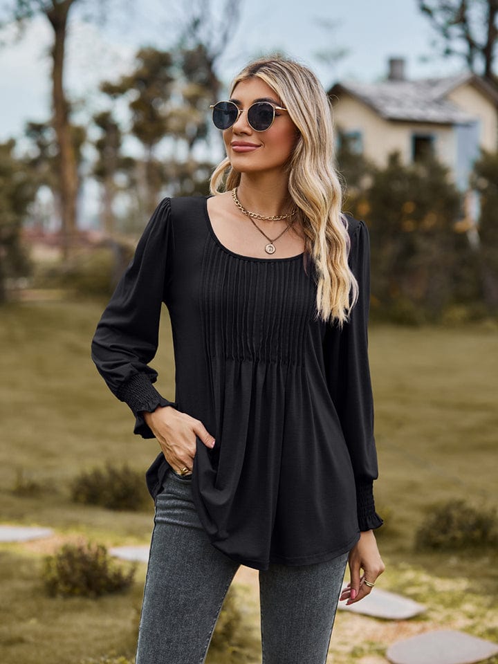 Dark Slate Gray Puff Sleeve Pleated Blouse