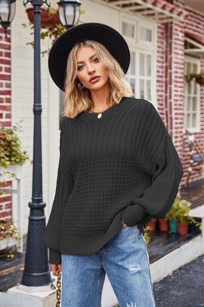 Dark Slate Gray Ribbed Drop Shoulder Lantern Sleeve Sweater