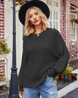 Dark Slate Gray Ribbed Drop Shoulder Lantern Sleeve Sweater