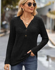 Dark Slate Gray Ribbed Half Button Long Sleeve Knit Top