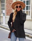 Dark Gray Ribbed Turtleneck Long Sleeve Slit Knit Top