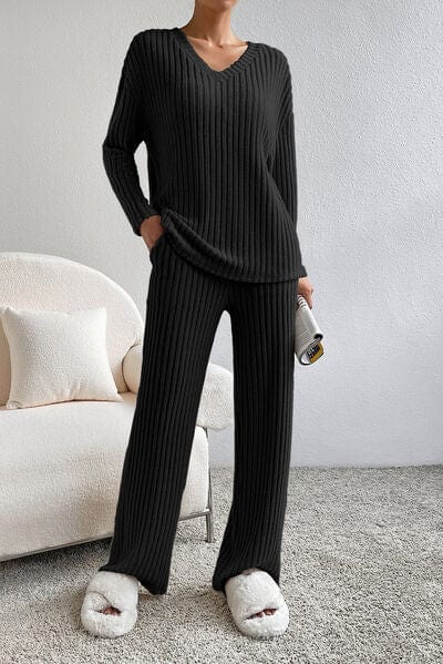 Gray Ribbed V-Neck Top and Pants Lounge Set