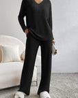 Gray Ribbed V-Neck Top and Pants Lounge Set