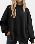 Black Round Neck Drop Shoulder Slit Sweater