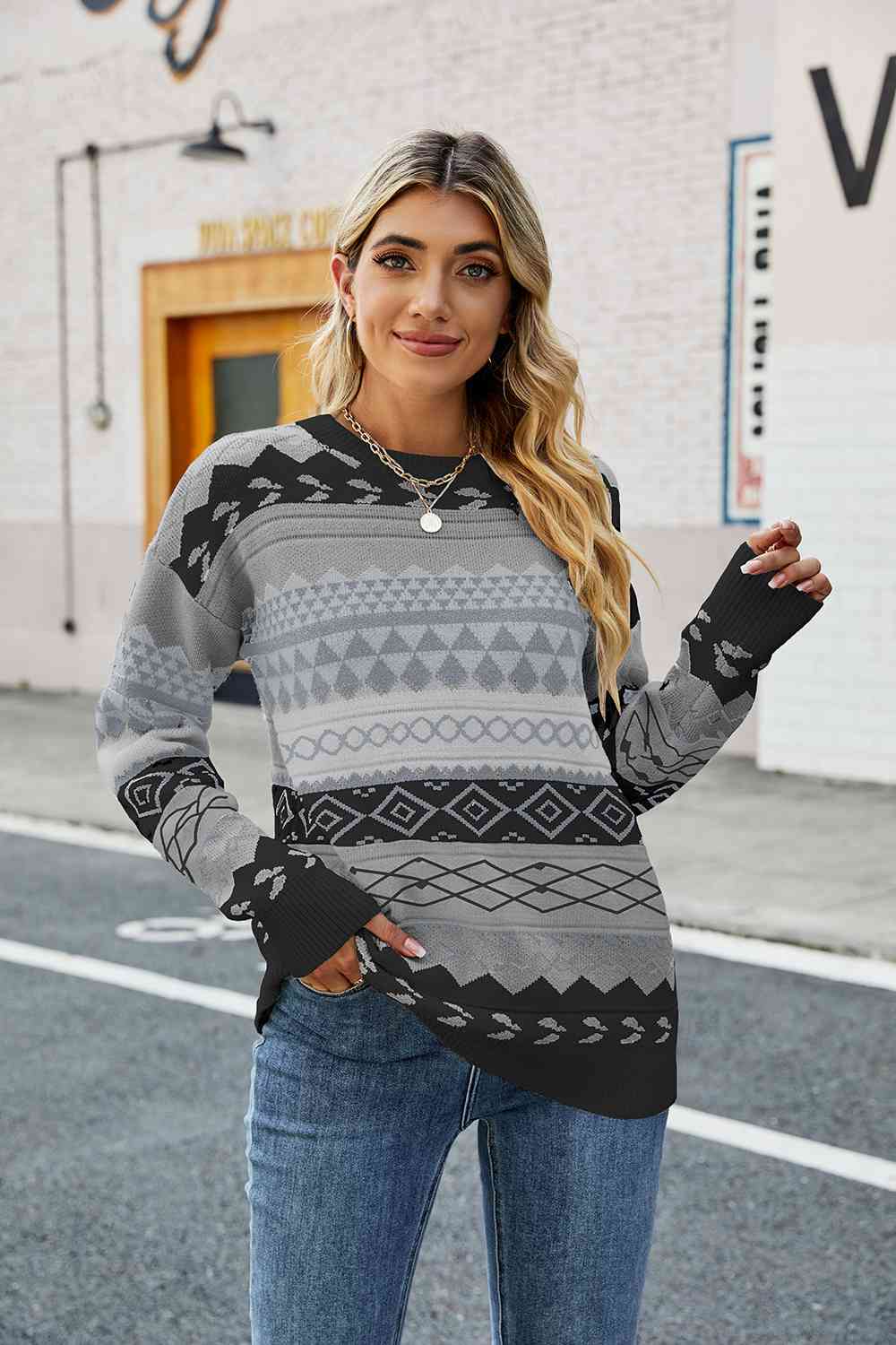 Gray Round Neck Drop Shoulder Sweater