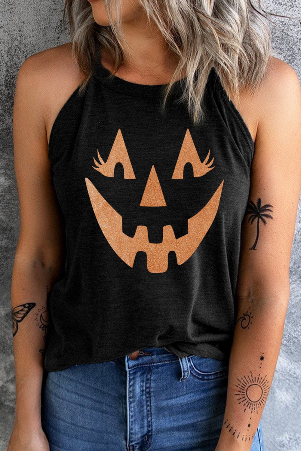 Tan Round Neck Jack-O'-Lantern Graphic Tank Top