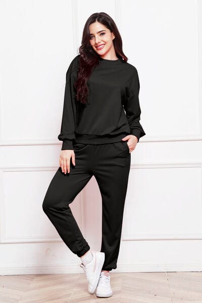 Black Round Neck Long Sleeve Sweatshirt and Pants Set