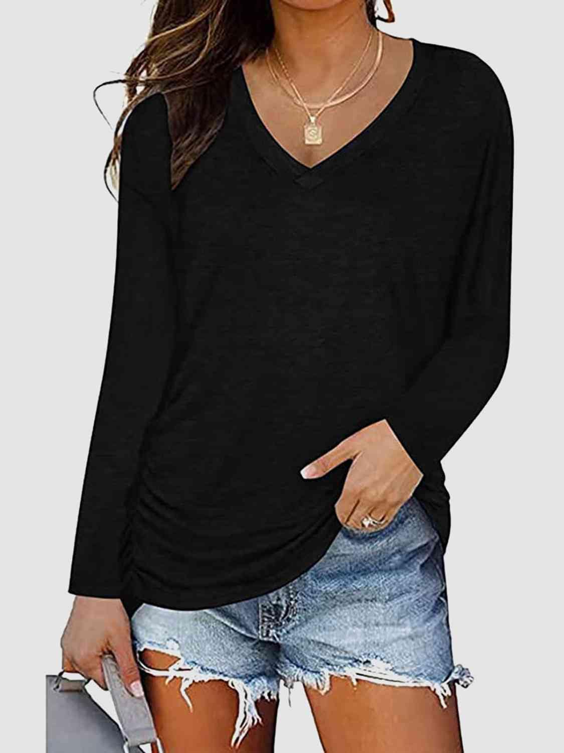 Light Gray Ruched V-Neck Long Sleeve T-Shirt