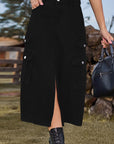 Dark Slate Gray Slit Front Midi Denim Skirt with Pockets