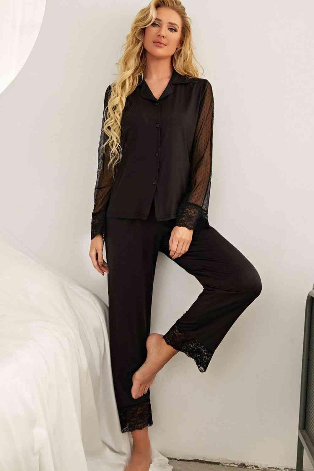 Light Gray Spliced Lace Lapel Collar Pajama Set