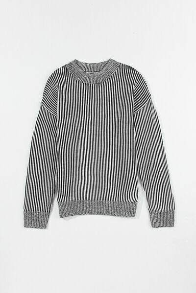 Lavender Striped Mock Neck Dropped Shoulder Sweater