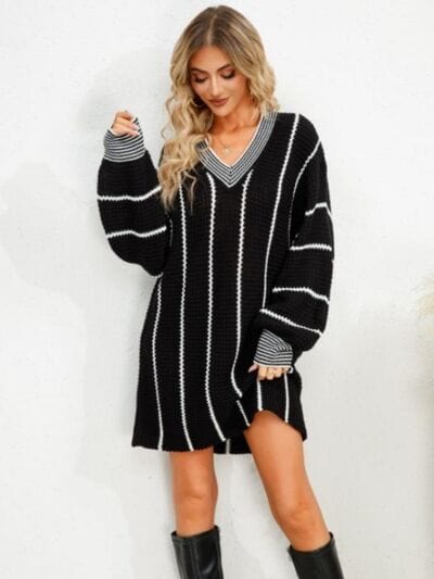 Black Striped V-Neck Long Sleeve Mini Dress