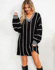 Black Striped V-Neck Long Sleeve Mini Dress