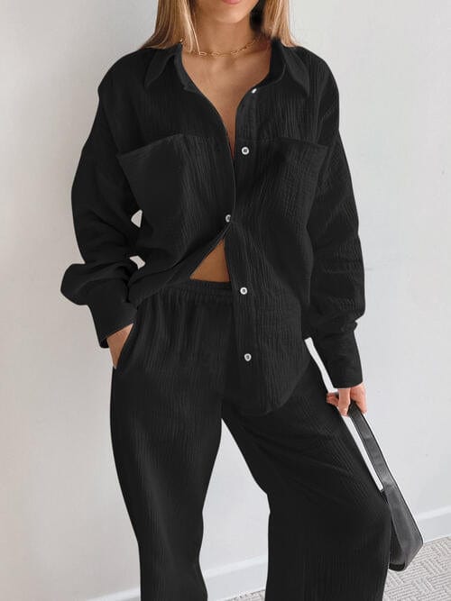 Black Texture Button Up Long Sleeve Shirt and Pants Set