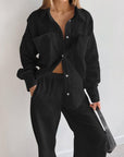 Black Texture Button Up Long Sleeve Shirt and Pants Set