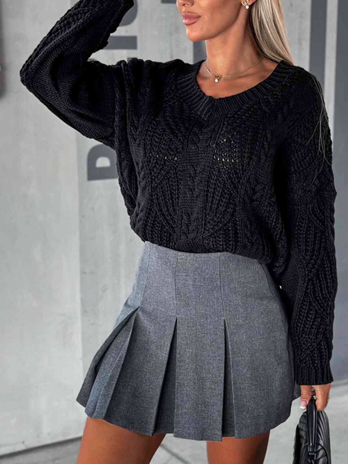 Dark Slate Gray V-Neck Cable-Knit Long Sleeve Sweater